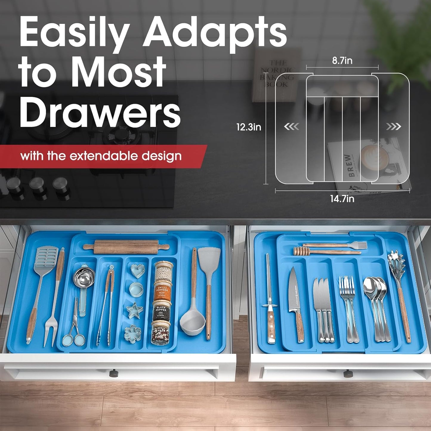 Aujen Silverware Organizer - Expandable Kitchen Drawer Organizer, Adjustable Utensil Organizer, Cutlery Tray for Forks, Knives, Multipurpose Kitchen Organizers and Storage Solution, Dark Blue, Medium