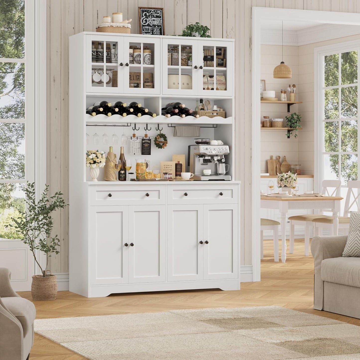 HOSTACK 75.4" Tall Kitchen Pantry Cabinet with Charging Station, Modern White Kitchen Hutch with Microwave Stand and Wine Racks, Large Food Pantry Storage Cabinet with Glass Doors and Drawers, White