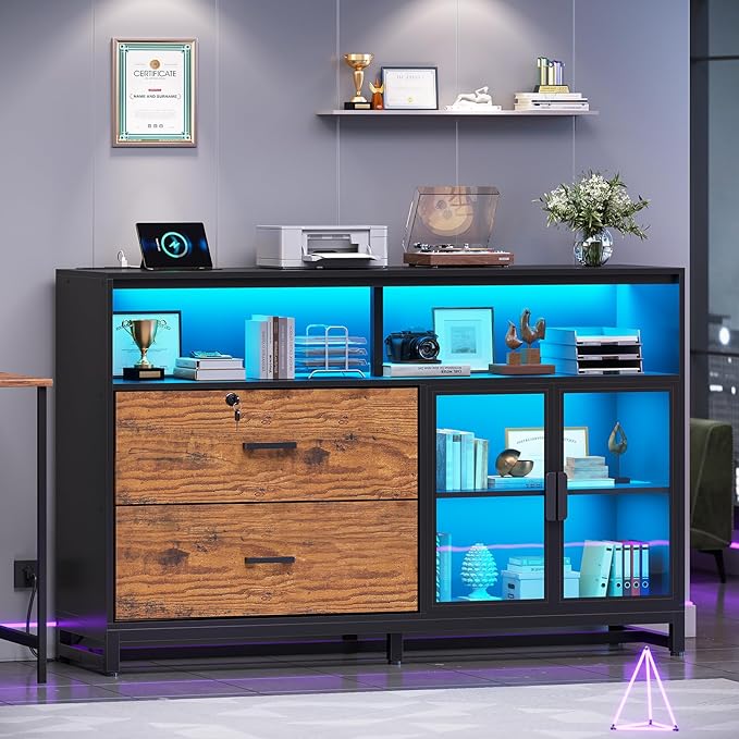 SEDETA 59" File Cabinet, 2 Drawers Filing Cabinets for Home Office fit Legal/Letter/A4 File, File Cabinet with Lock & Power Outlets, Printer Stand with Storage & LED Lights, Rustic Brown