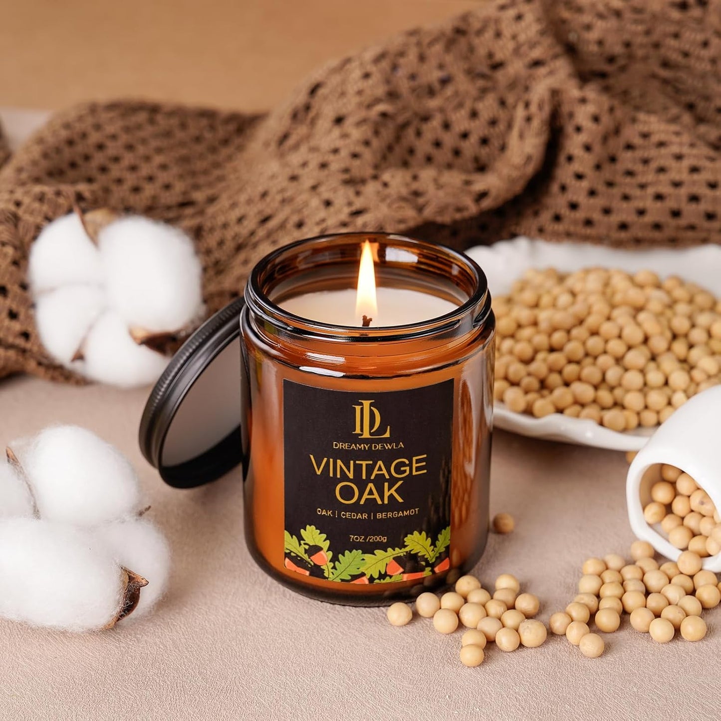 Vintage Oak Scented Candle, Soy Candles for Home Scented, Masculine Amber Jar Candles Gifts for Men Women, 7oz