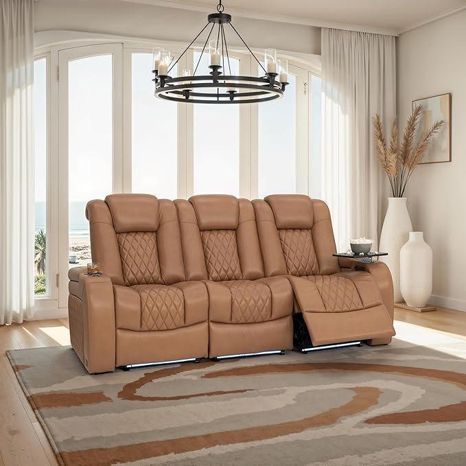 Seatcraft Diamante Zero-Gravity CoolZero Italian Leather Home Theater Seating, Power Headrest, Power Recline, Row of 3 Sofa, Tan Oak