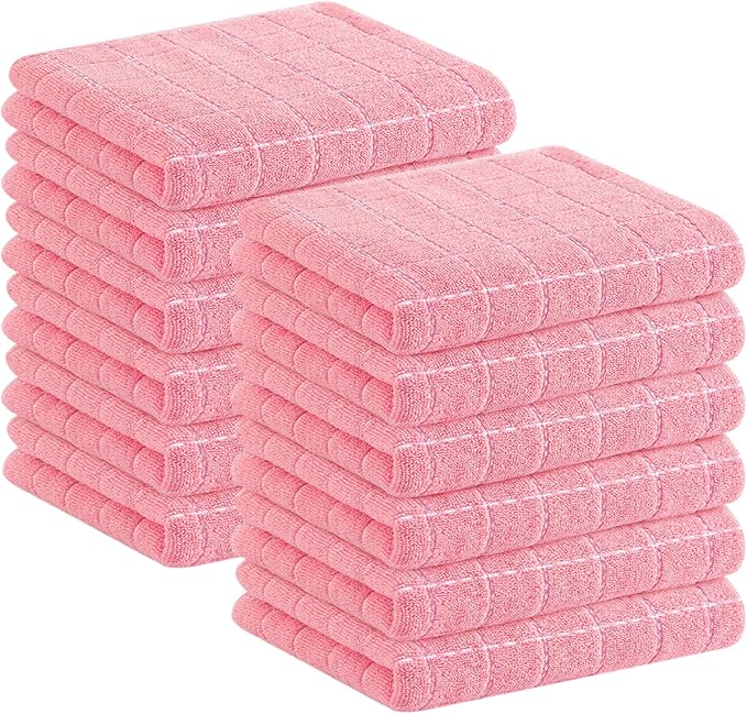 Homaxy 100% Cotton Terry Kitchen Towels(Pink, 13 x 28 inches), Checkered Designed, Soft and Super Absorbent Dish Towels, 12 Pack