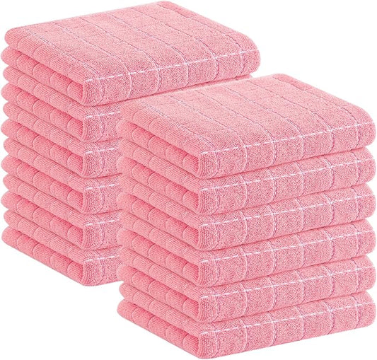 Homaxy 100% Cotton Terry Kitchen Towels(Pink, 13 x 28 inches), Checkered Designed, Soft and Super Absorbent Dish Towels, 12 Pack
