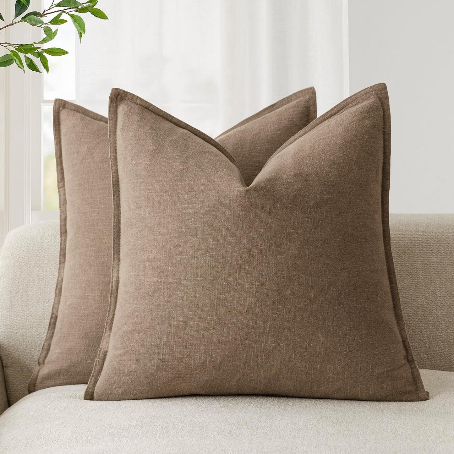 Foindtower Pack of 2, Decorative Linen Soild Throw Pillow Covers Soft Accent Cushion Case Boho Farmhouse Neutral Pillowcase for Chair Couch Sofa Bedroom Living Room Home Decor 16 x 16 Inch Light Brown