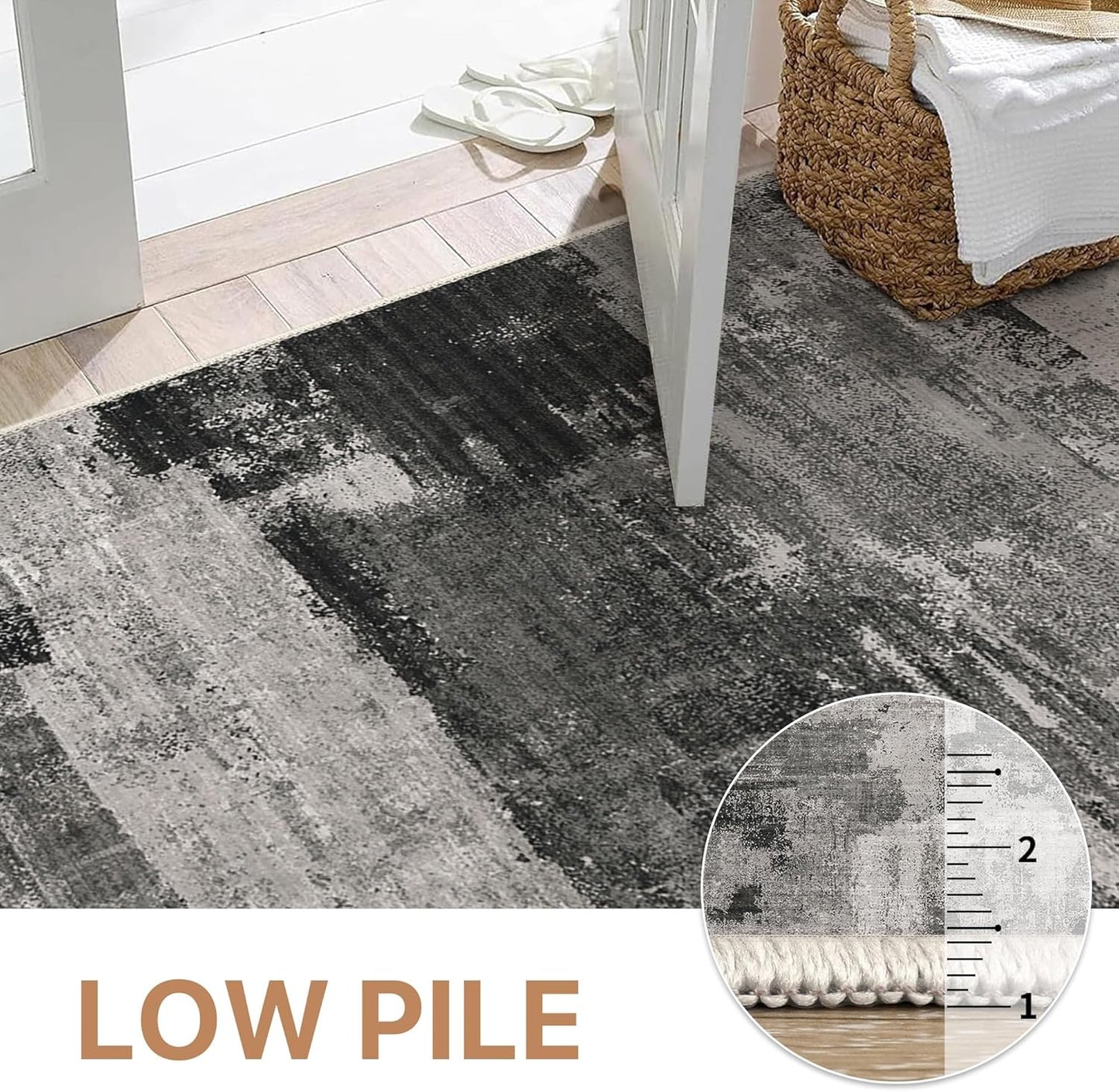 Area Rugs 8x10 for Living Room Bedroom, Modern Abstract Machine Washable Large Soft Black Rug, Low Pile Floor Carpet with Non Slip Backing for Dining Room, Carbon Black