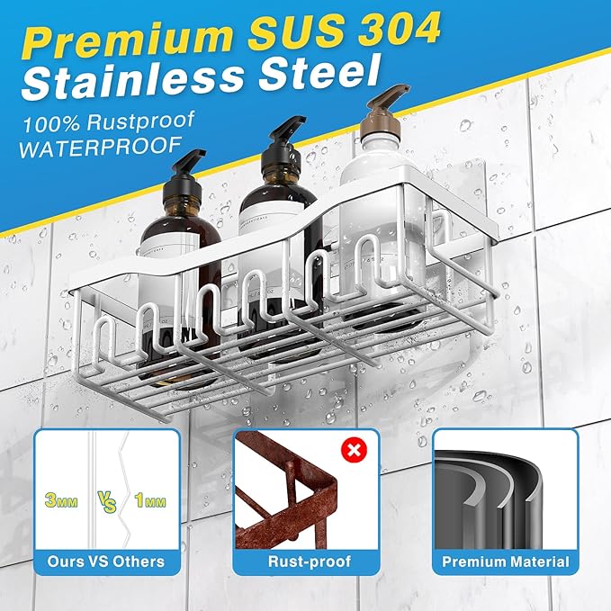 5-Pack Rustproof Stainless Steel Shower Caddy Set– No Drill Adhesive Bathroom Organizer, Space-Saving Shower Shelves for Apartment Essentials, Bathroom/Kitchen Storage Home Decor-L Size