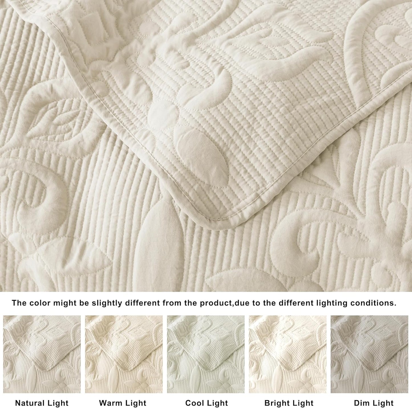 Ivory Damask Quilt King Size Bedding Sets with 2 Pillow Shams, Cream Boho Bedspread Lightweight Soft Farmhouse Vintage Bohemian Coverlet Retro Jacquard Pattern Bed Cover for All Season, 3 Pieces