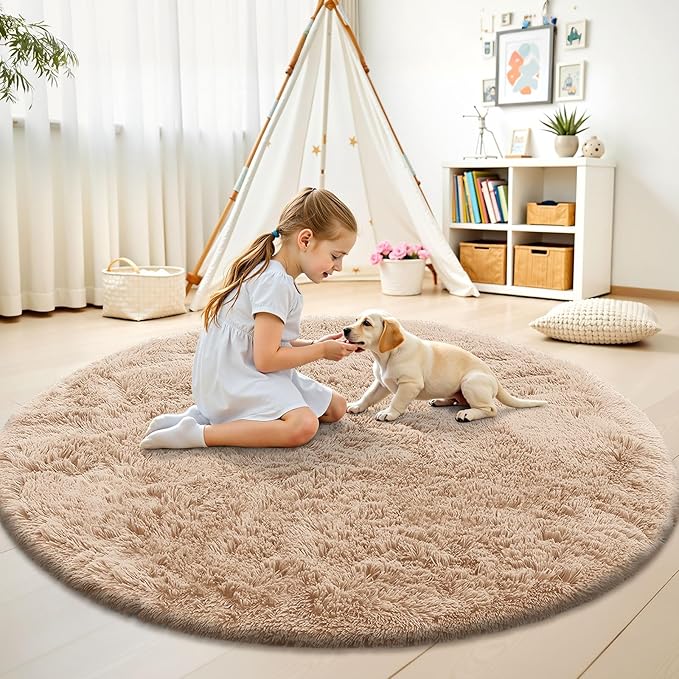 OLANLY Beige Round Rugs for Bedroom - Machine Washable, 6 ft Circle Area Rugs for Living Room, Soft and Fluffy Shaggy Carpet for Teen Girls and Boys, Nursery Rooms, Dorms, Home Decor Aesthetic