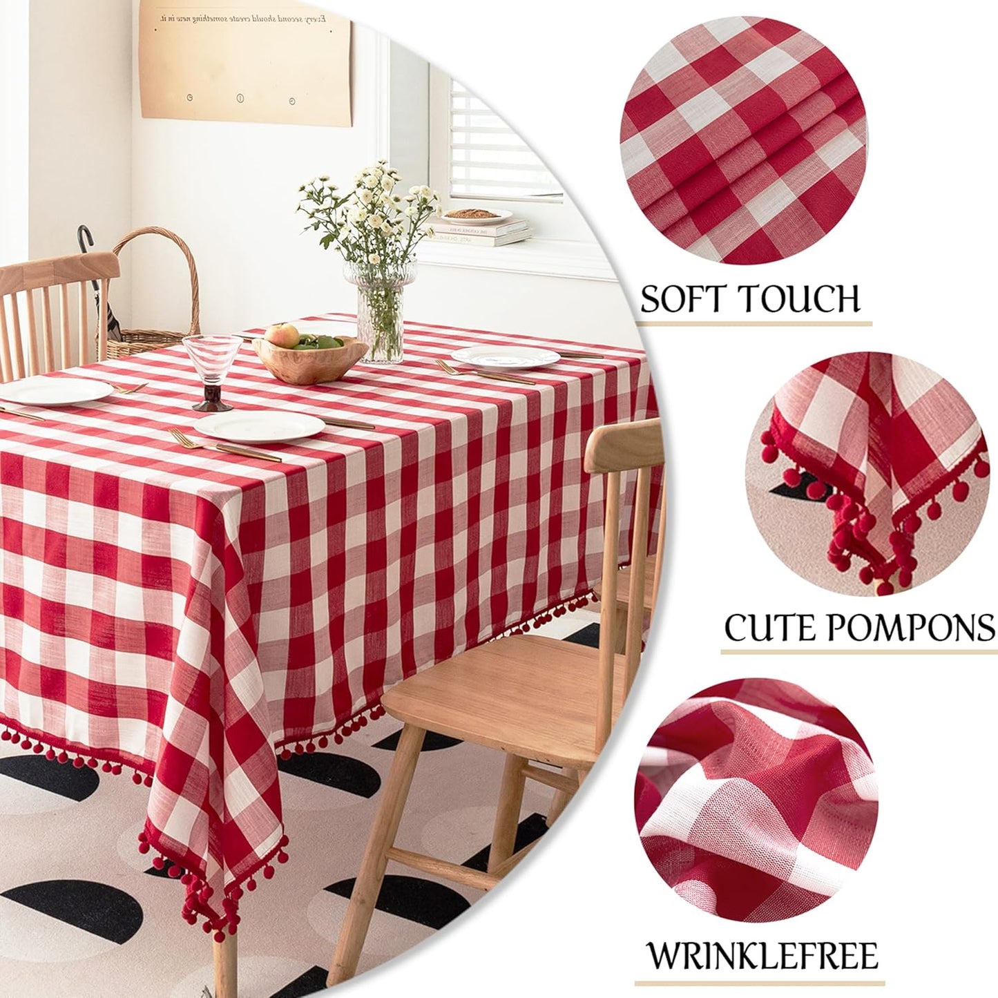 Jubilantex Square Buffalo Plaid Tablecloth Christmas Decorative Tablecloth with Tassel Red and White Rustic Linen Textured Farmhouse Table Cover for Kitchen Dining Table Top 54 x 54 inch
