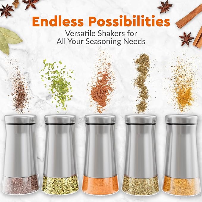 HOME EC Original Salt and Pepper Shakers Set with Adjustable Pour Holes - Glass and Stainless Steel Salt Shaker and Pepper Shaker - Farmhouse Spice dispenser for salts, ground peppercorn and spices