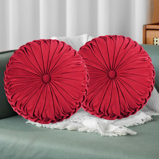 HIG Set of 2 Red Ruched Velvet Round Throw Pillows – 14.5’’ Decorative Pillows with Soft Polyester Filling for Couch, Bed, Living Room, Bedroom, or Dorm – Handmade, Stress Relieving, All-Season