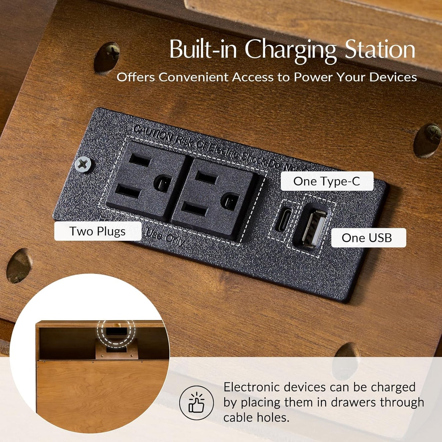 HULALA HOME 30" Wide Large Night Stand, 3 Drawers Mid Century Modern Dresser, Geometric Pattern Wood Bedside Table with Charging Station for Bedroom, Acorn