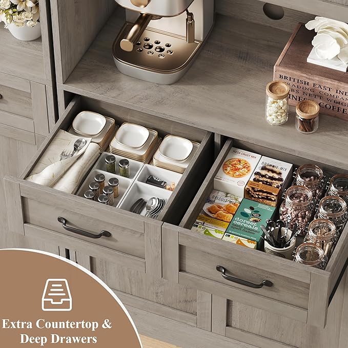 HOSTACK 71“ Tall Kitchen Pantry Storage Cabinet, Modern Kitchen Hutch Bar Cabinet with Microwave Stand, Wood Buffet Sideboard with Hutch, Cupboard with Drawers, Shelves for Dining Room, Ash Gray