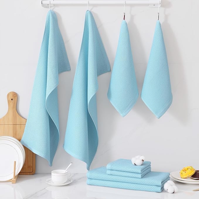 Homaxy 100% Cotton Kitchen Towels and Dishcloths Set, 12 x 12 Inches and 13 x 28 Inches, Set of 12 Bulk Kitchen Towels Set, Ultra Soft Absorbent Dish Cloths for Washing Dishes, Sky Blue