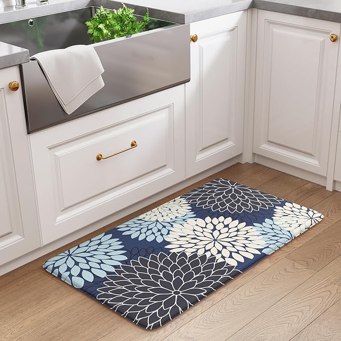 KIMODE Anti Fatigue Kitchen Mat 17.3"x29", Padded Kitchen Floor Mats Non Slip, Waterproof Kitchen Mat for Floor, Farmhouse Comfort Standing Mat for Laundry, Office, Sink, Desk Mutil-Blue