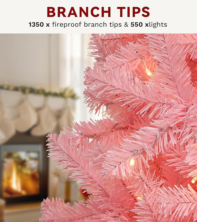 DWVO 7.5ft Pre-lit Christmas Tree with Lights, Pink Prelit Atificial Trees with 1350 Tips & 550 UL Listed Lights, Automatic Branches & Easy Assembly for Home Party