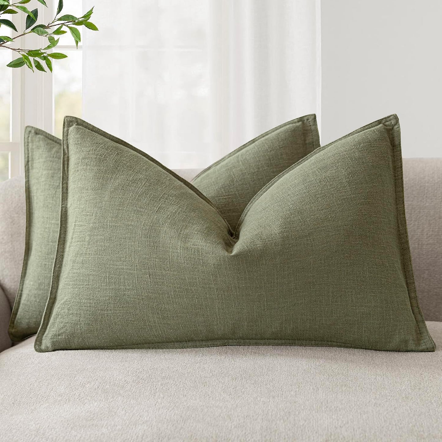 Foindtower Pack of 2, Decorative Linen Soild Throw Pillow Covers Accent Lumbar Cushion Case Boho Farmhouse Pillowcase for Chair Couch Sofa Bedroom Living Room Home Decor 12x20 Inch Olive Branch Green