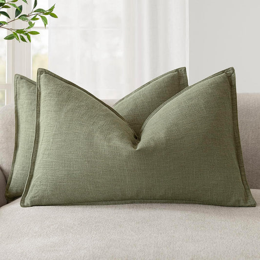 Foindtower Pack of 2, Decorative Linen Soild Throw Pillow Covers Accent Lumbar Cushion Case Boho Farmhouse Pillowcase for Chair Couch Sofa Bedroom Living Room Home Decor 12x20 Inch Olive Branch Green