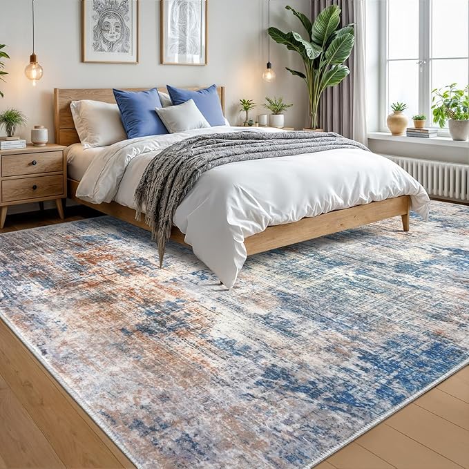 IOHOUZE Abstract Area Rugs 9x12 Ft Washable Large Rugs for Living Room, Non Slip Dining Room Rug, Printed Faux Wool Rugs for Bedroom, Floor Carpet for Office Nursery Playroom, Blue Rust