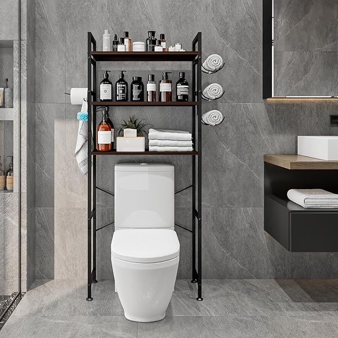 Over The Toilet Storage Rack 3 Tier Bathroom Organizer Shelf Over Toilet Freestanding Space Saver Toilet Stands with 10 Hooks Multifunctional (BlackOak)