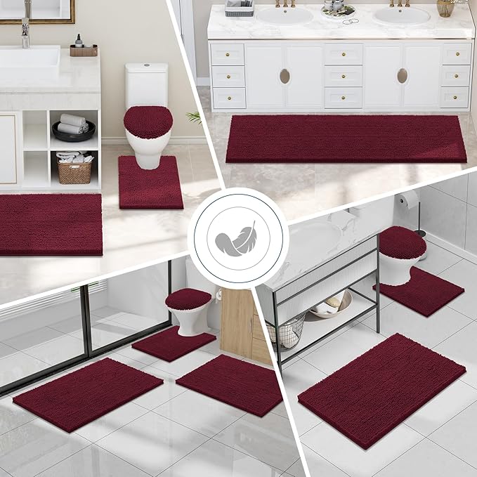Smiry Luxury Chenille Bathroom Rugs 34x21, Extra Soft and Absorbent Shaggy Bath Mat, Machine Washable, Non-Slip Plush Carpet Runner for Tub, Shower, and Floor, Home Decor Accessories, Burgundy