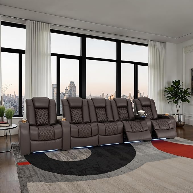 Seatcraft Diamante Zero-Gravity CoolZero Italian Leather Home Theater Seating, Power Headrest, Power Recline, Row of 5 Middle Sofa, Brown
