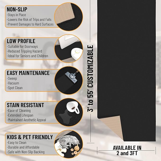Ottomanson 2x23 Non Slip Extra Long Hallway Runner Rug with Rubber Backing - Solid Modern Kitchen Rug for Bedroom or Living Room, Black, 2' x 23'