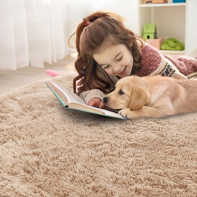 OLANLY Beige Round Rugs for Bedroom - Machine Washable, 6 ft Circle Area Rugs for Living Room, Soft and Fluffy Shaggy Carpet for Teen Girls and Boys, Nursery Rooms, Dorms, Home Decor Aesthetic