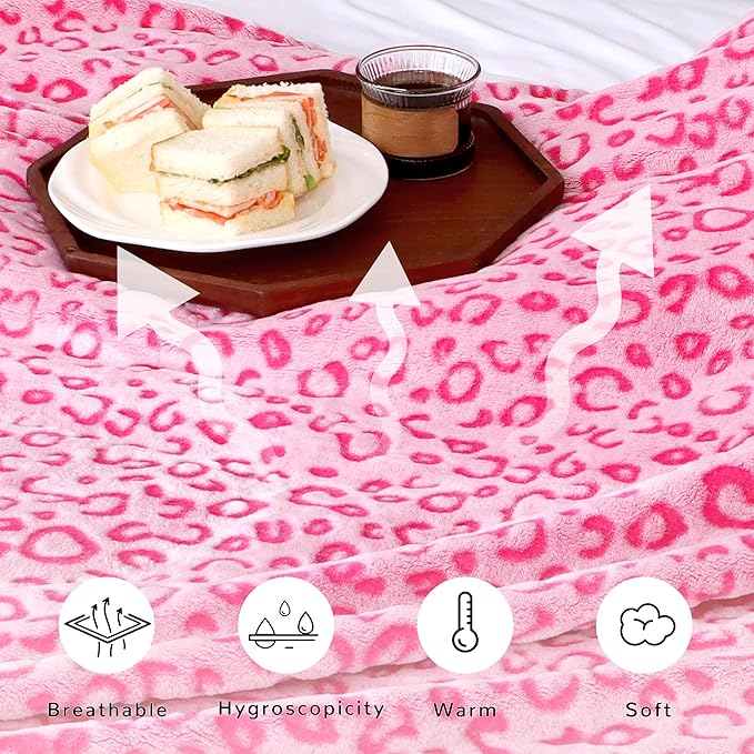 Pink Fleece Throw Blanket Soft Flannel Leopard Blankets Cozy Fuzzy Plush Warm Throws for Girls Women