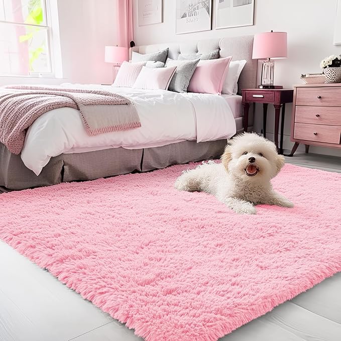 OLANLY 3x5 Machine Washable Small Bedside Rug, Soft Fluffy Shaggy Rugs for Living Room, Bedroom, Indoor Floor Carpet for Kids Girls and Boys, Preppy Dorms, Nursery, Home Decor Aesthetic, Pink