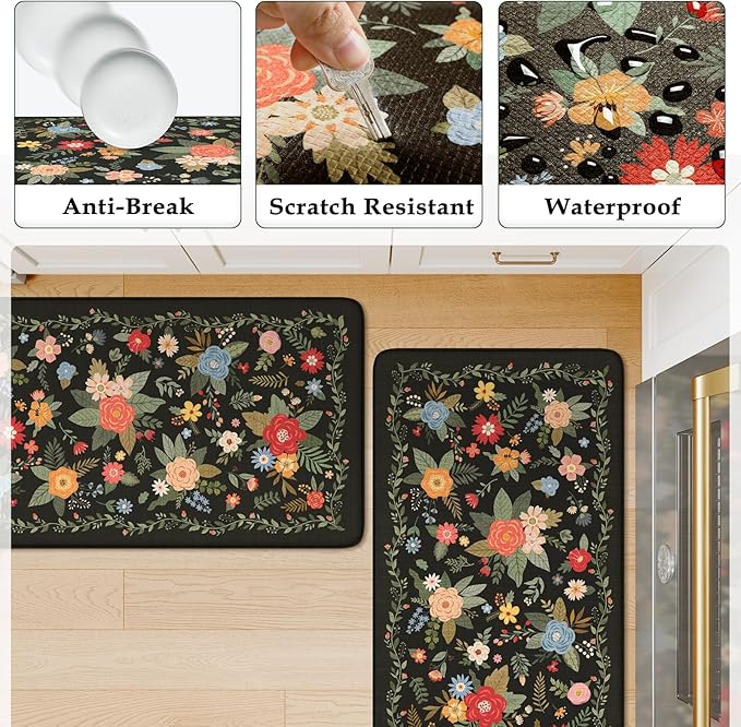 KIMODE Kitchen Mats Cushioned Anti Fatigue, Black Floral Kitchen Rugs Sets of 2, Padded Kitchen Floor Mats Non Slip, Comfort Foam Standing Mats for Laundry Office Sink Desk 17"x47"+17"x29"