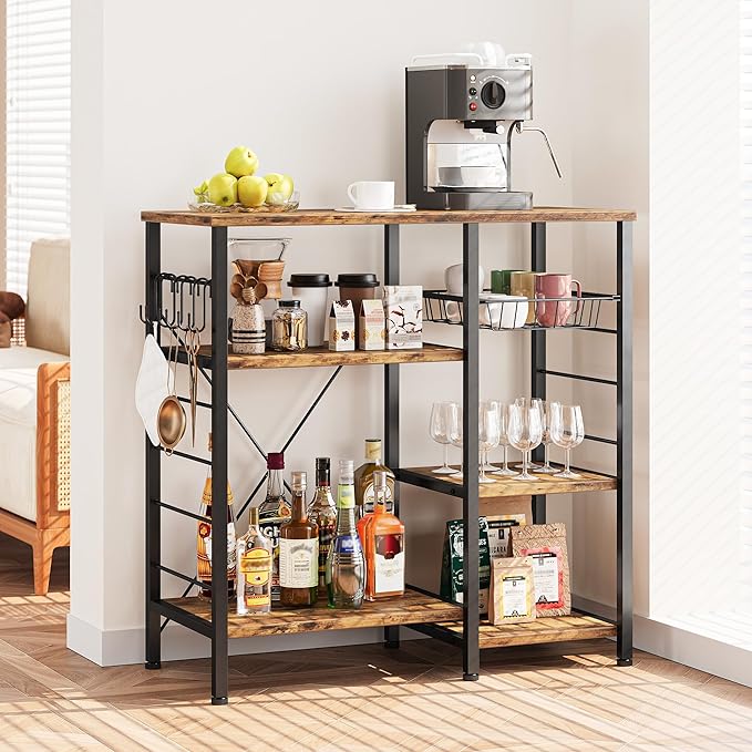 IRONCK Industrial Kitchen Baker’s Rack, Kitchen Island Utility Storage Shelf, Coffee Bar Microwave Stand with 6 Hooks, Metal Frame, Simple Assembly, Vintage Brown