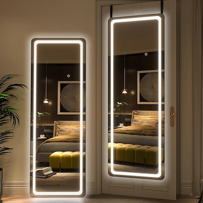 Hasipu LED Door Mirror - Full Length, 56 x 16 Over The Door Mirror with Lights for Bedroom, Living Room, Cloakroom