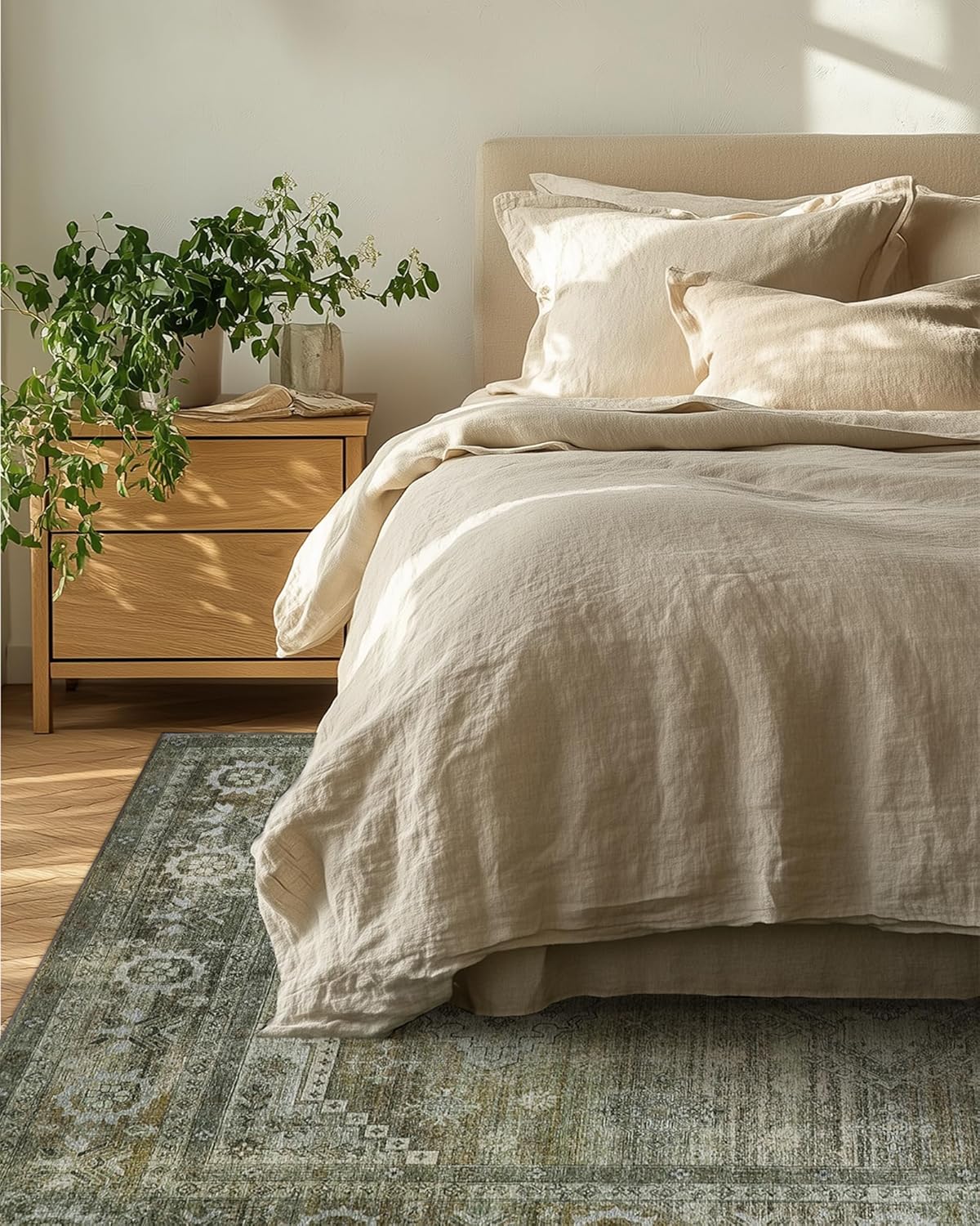 Area Rugs 5x7 for Living Room Bedroom, Modern Boho Machine Washable Large Distressed Light Greyish Sage Green Rug, Low Pile Floor Carpet with Non Slip Backing for Dining Room