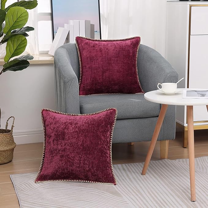 decorUhome Chenille Soft Throw Pillow Covers 18x18 Set of 2, Farmhouse Velvet Neutral Decorative Euro Pillow Covers with Stitched Edge for Couch Sofa Bed Home Decor, Rhododendron