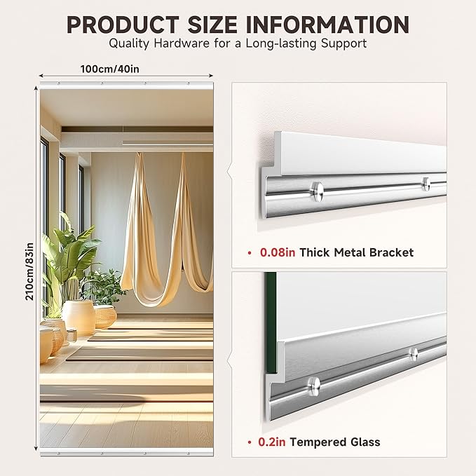 Home Gym Mirror, 83'' x 40'' x 1PCS, Large Full Body Mirror for Yoga, Frameless Tempered Glass, Wall Mounted for Home Gym, Garage, Bedroom, Bathroom