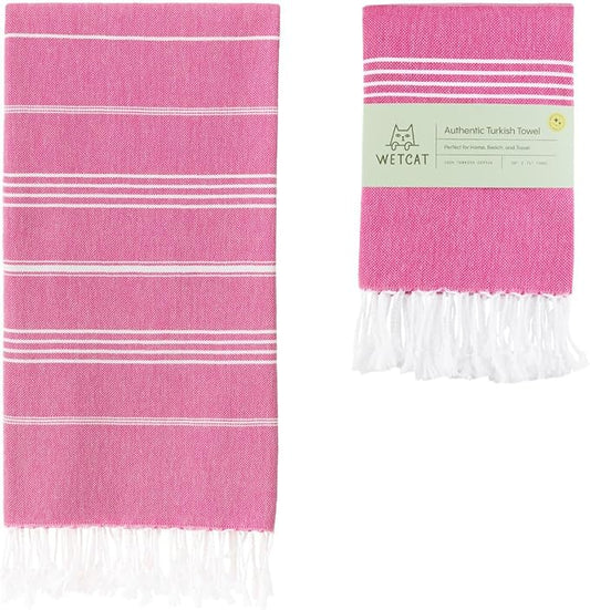WETCAT Turkish Beach Towel Oversized (38"x71") 100% Turkish Cotton, Made in Turkey - Sand Free, Extra Large, Ultra Soft, Quick Drying, Compact & Lightweight for Travel - Fuchsia