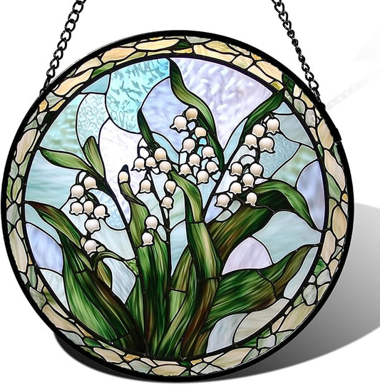 Stained Glass Window Hanging, White Green Lily of The Walley Flowers Sun Catcher for Door Home Decor Plants Suncatcher Christmas Mother's Day Birthday Gifts for Women Men Mom Nana 15 in