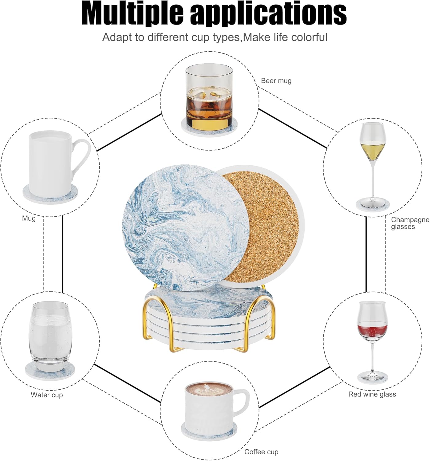 Coasters for Drinks Set of 4, Absorbent Abstract Light Blue Marble with Metal Golden Holder, Ceramic Coaster Set Cup Mat for Home Decor, Bar, Kitchen, Party