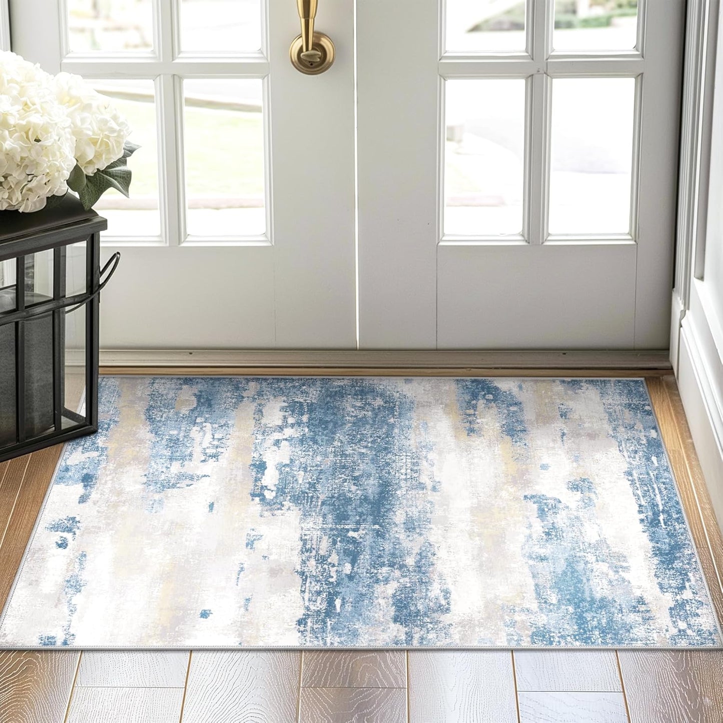 2x3 Rugs for Entryway Entrance Kitchen Bathroom, Machine Washable Modern Abstract Soft Area Rug, Indoor Floor Carpet with Non Slip Rubber Backing, Blue Cream