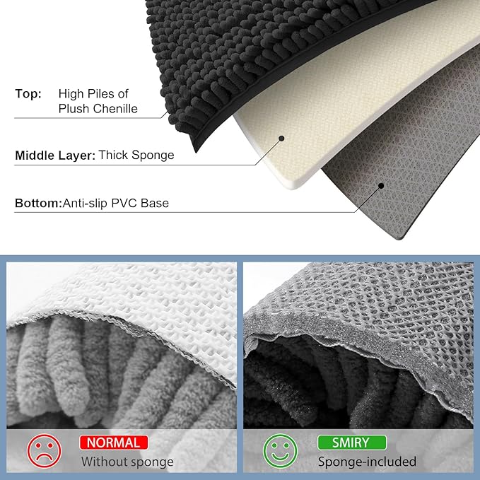 Smiry Luxury Chenille Toilet Rugs U-Shaped 24x24, Soft Absorbent Non-Slip Contour Bathroom Rugs for Toilet, Machine Washable Contoured Bath Mats, Black