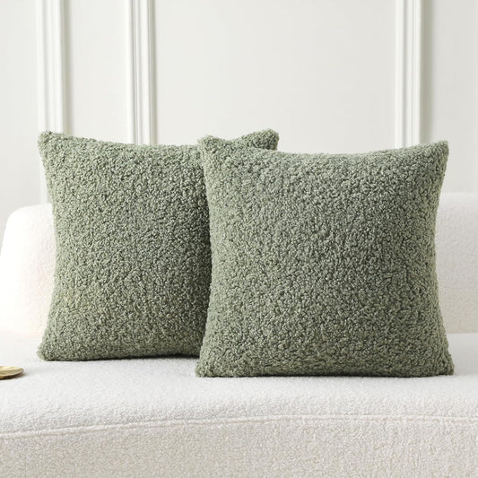 FUTEI Sage Green Throw Pillow Covers 16x16 Inch Set of 2,Furry Faux Fur Teddy Boucle Textured Cushion Covers,Soft Fluffy Decorative Pillow Case,Home Decor for Couch Bed Living Room Office Car