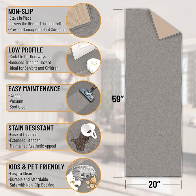 Ottomanson Hallway Runner Rug 20" x 59" Non Slip Solid Area Rugs Easy to Clean Laundry Rug Runner Durable & Pet Friendly Floor Carpet Runners for Hallways Entryway Living Room Kitchen, Gray