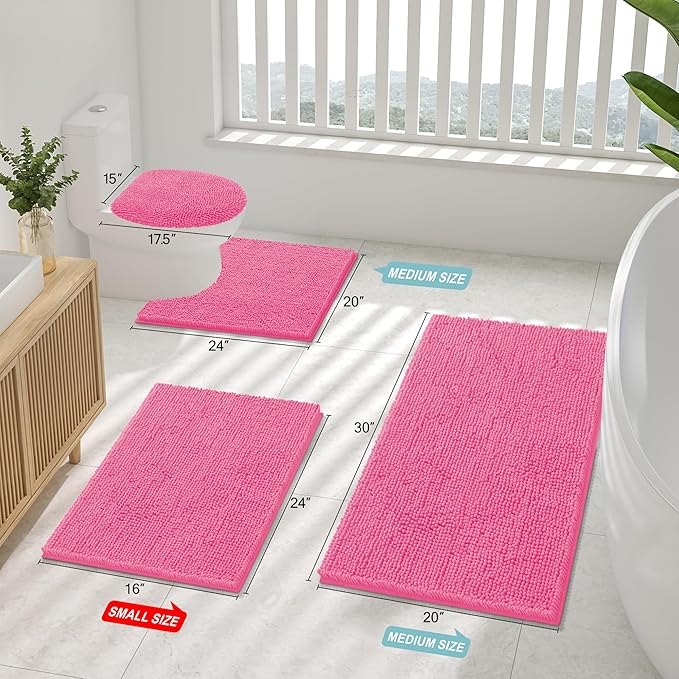 Smiry Luxury Chenille Bathroom Rugs 30x20, Extra Soft and Absorbent Shaggy Bath Mat, Machine Washable, Non-Slip Plush Carpet Runner for Tub, Shower, and Floor, Home Decor Accessories, Hot Pink