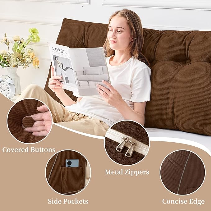 Sasttie Headboard Pillow Full, Wedge Pillow Headboard for Sitting Up in Bed, Back-Rest Support Triangular Cushion for Reading - Features Removable Washable Cover, Brown