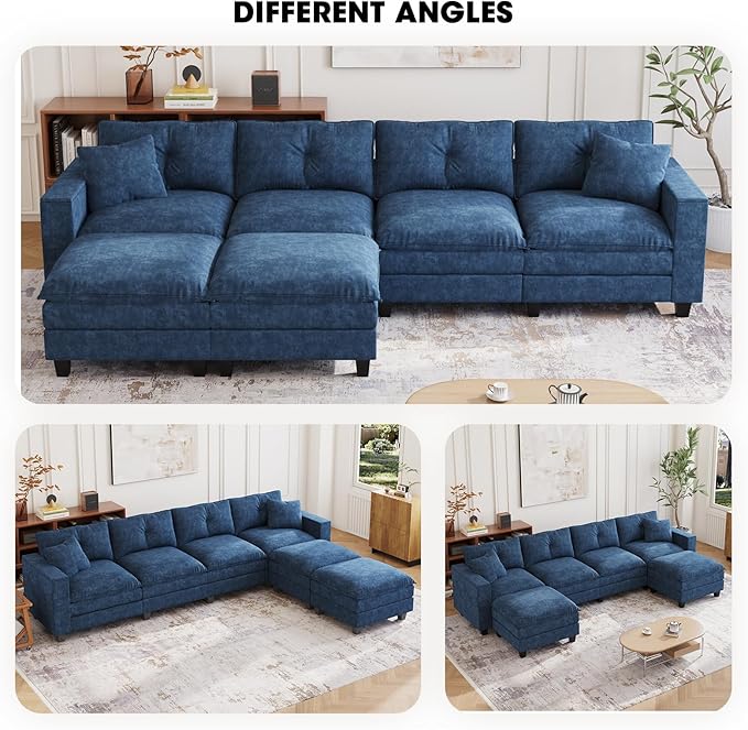 137",U Shaped Couch,Modern Modular Sectional Sofa, 4-Seater Comfy Cloud Couch with Two Movable Ottoman & Throw Pillows for Living Room, Bedroom and Apartment, Dark Blue