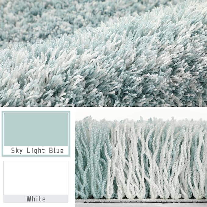 Yimobra Luxury Bathroom Rugs, Fluffy Bath Mats, Non Slip, Water Absorbent Microfiber, Machine Washable, Plush Runner Shower Rugs, Thick Matts for Bathroom Floor/Tub, 47"x 24", Sky Light Blue and White