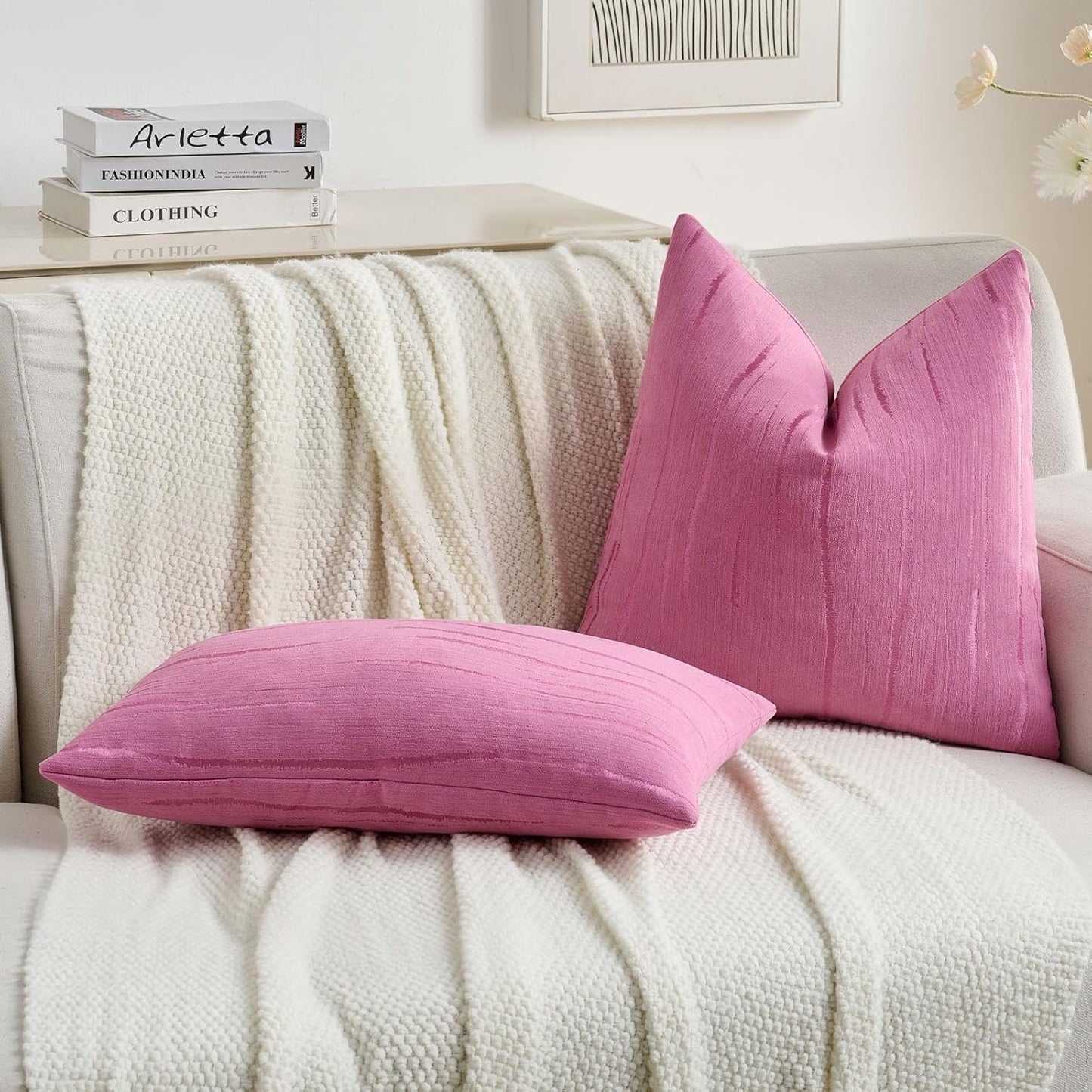 FUTEI Hot Pink Chenille Decorative Throw Pillow Covers 22x22 Inch Set of 2,Soft Embossed Striped Textured Cushion Case,Modern Home Decor for Couch Bed Living Room