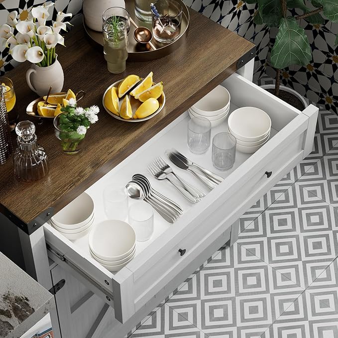JUMMICO Coffee Bar Cabinet Farmhouse Kitchen Sideboard Buffet Cabinet with Drawer and Adjustable Shelf Barn Door Storage Cabinet for Kitchen, Dining Room, Bathroom, Entryway（White）