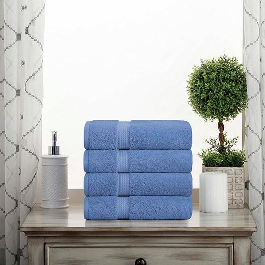 Superior Egyptian Cotton Pile Hand Towel Set of 4, Ultra Soft Luxury Towels, Thick Plush Essentials, Absorbent Heavyweight, Guest Bath, Hotel, Spa, Home Bathroom, Shower Basics, Denim Blue
